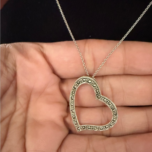 925 Italian Sterling Silver Floating Heart Marcasite Pendant + 16.5” Chain $139 - Picture 2 of 4